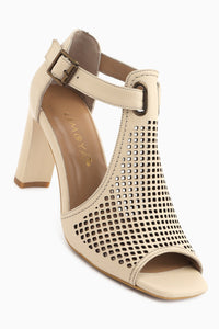 Monica Genuine Leather Beige Buckled Thick Heeled Women’s Shoes