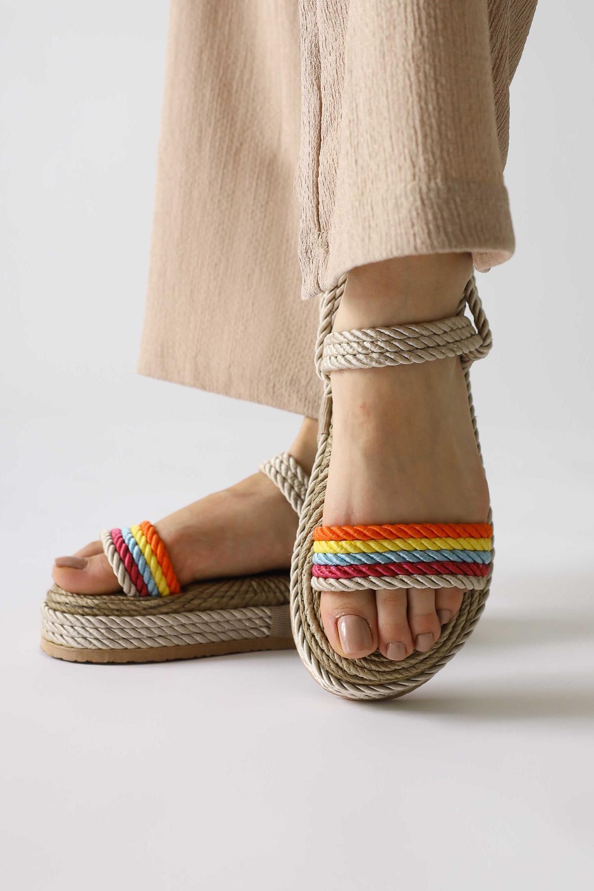 Velika Cream - Multicolor Thick Soled Rope Sandals