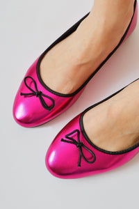 Sille Fuchsia Wrinkled Leather Bow Detail Ballet Flat