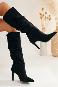 Rimaz Black Suede Pleated Long Pointed Heeled Boots
