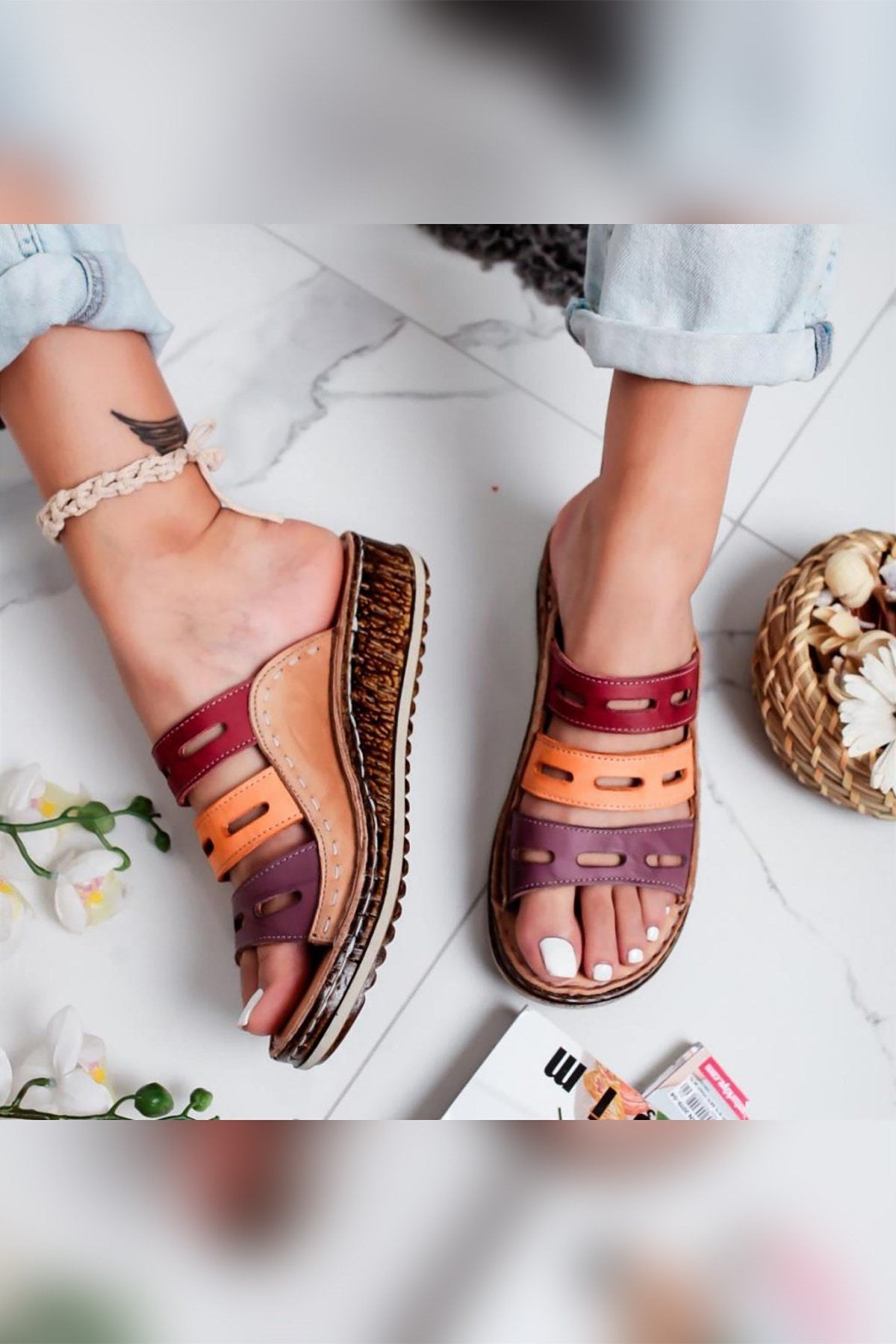 Joelle – Genuine Leather Nude Burgundy Purple Orange Laser-Cut Slide (Women)