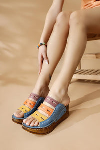 Etta Genuine Leather Slides in Denim-Blue, Mustard, Powder Pink, and Purple with Laser Cut Detail (Full Orthopedic)