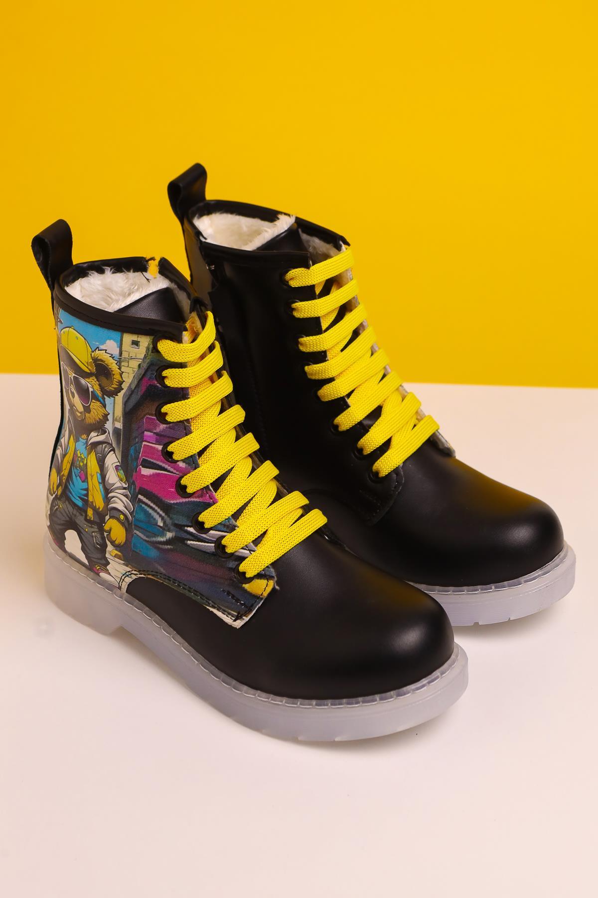 Denis Black Striped Character Print Lace-Up Kids Boots