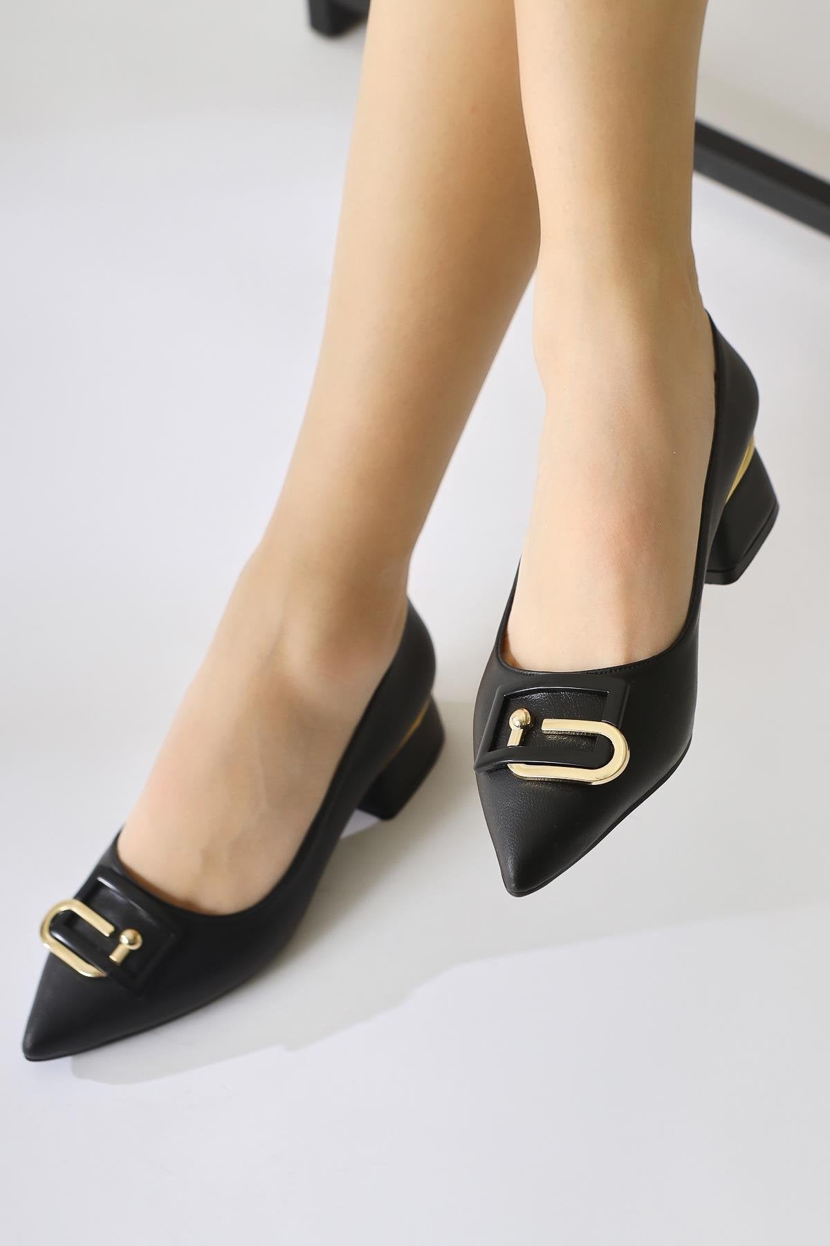 Briana Black Pointed Toe Buckle Detailed Women’s Daily Heeled Shoes