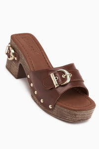 Edita Tan Buckle Detailed Platform Heeled Women’s Slippers