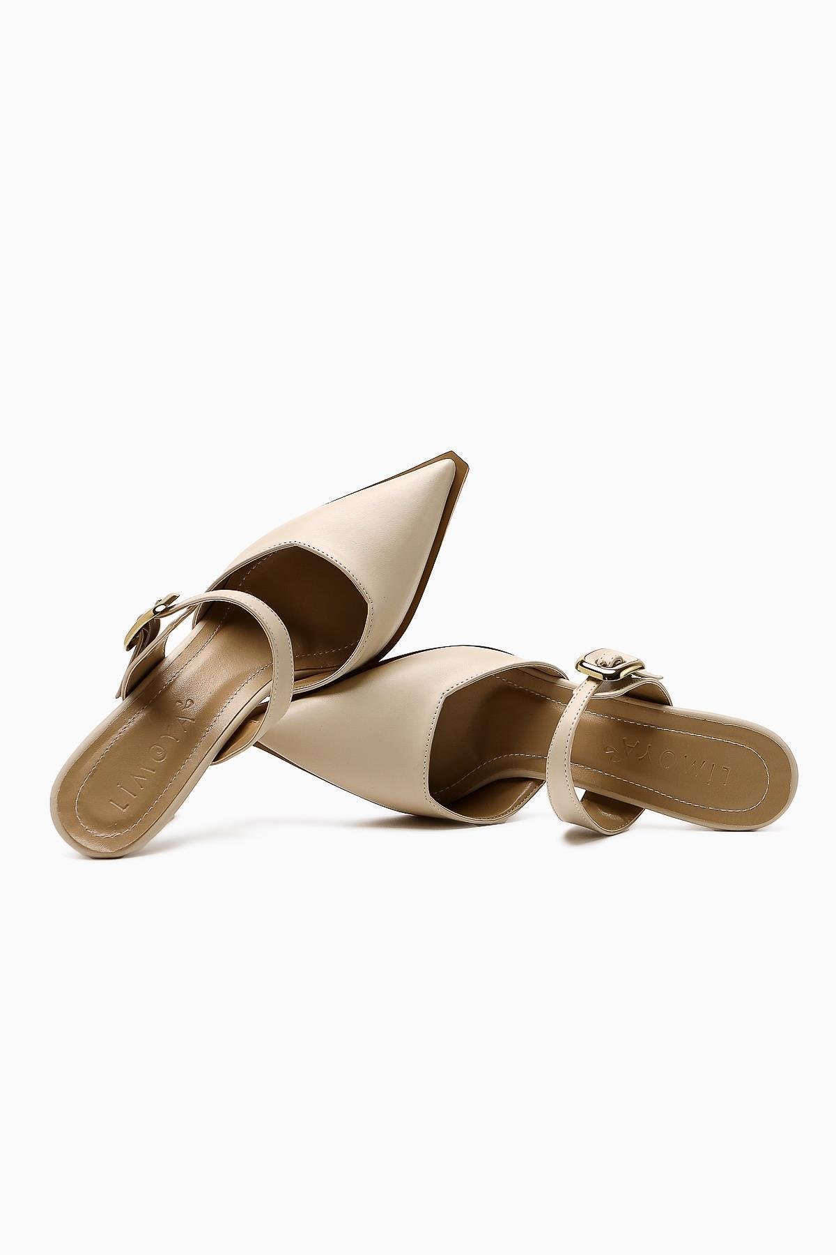 Beige Buckled Closed Toe Women’s Heeled Shoes