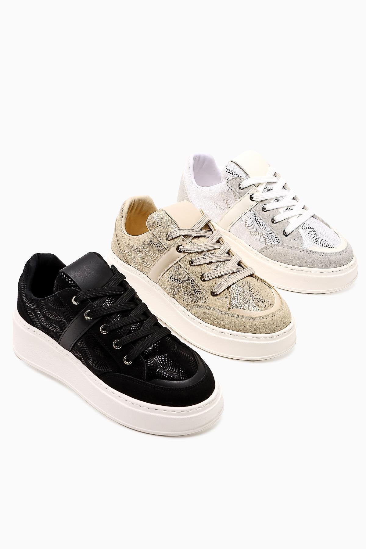 Julissa – Black Suede Shiny-Pattern Thick Sole Sneakers (Women)