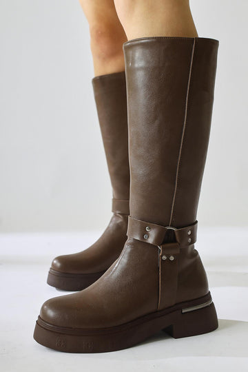Lani Tawny Buckle and Stud Detailed Chunky Sole Boot