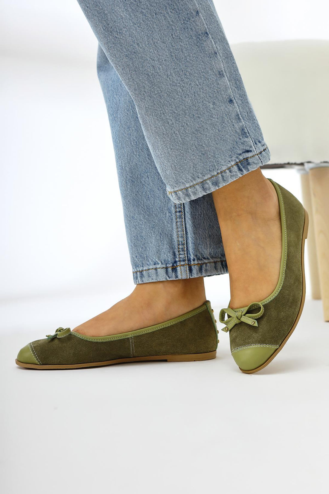 Genuine Leather Alfreda Khaki Suede Detailed Bow Women’s Ballet Flats