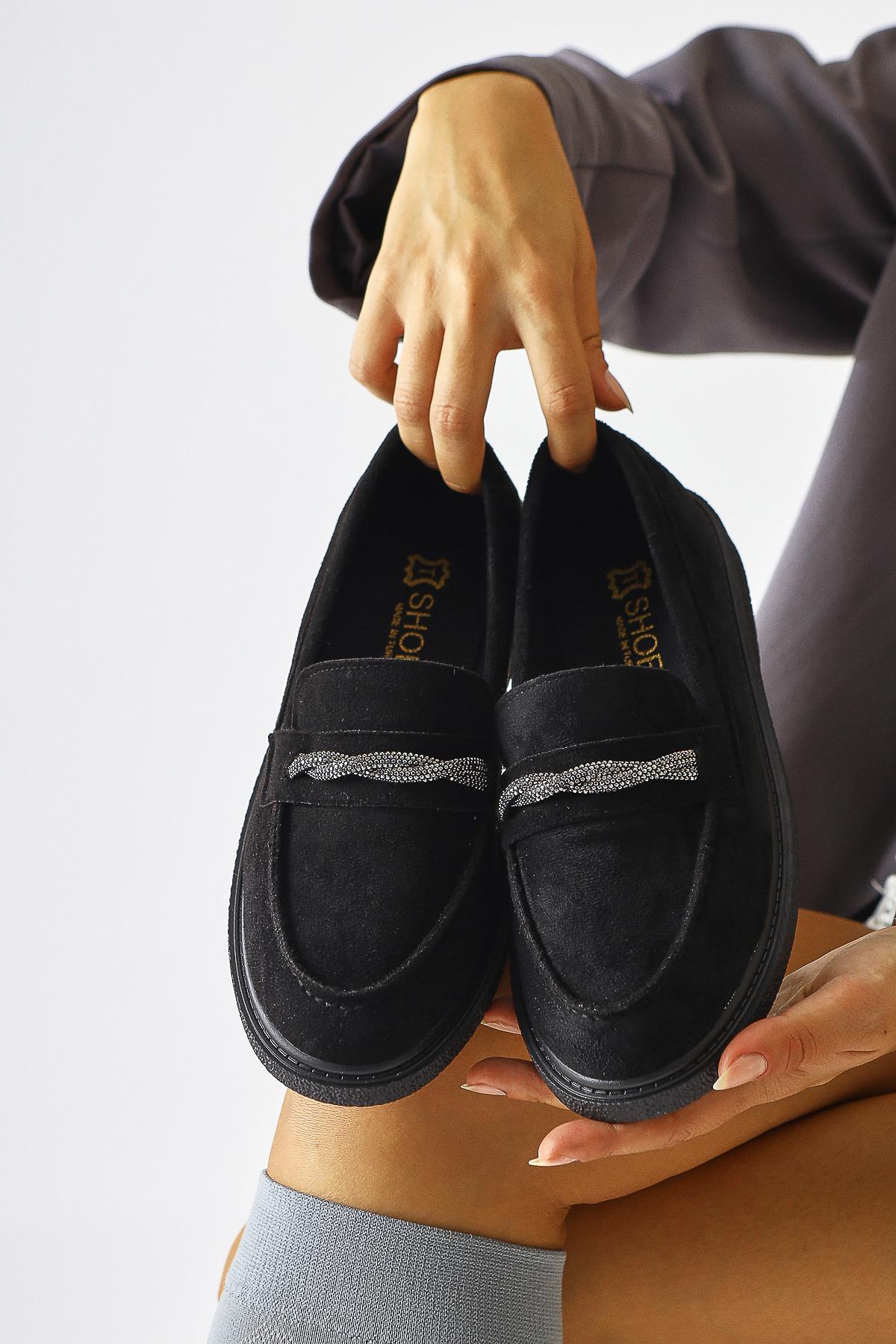Herolinda Black Suede Shoe with Jewel Buckle Detail