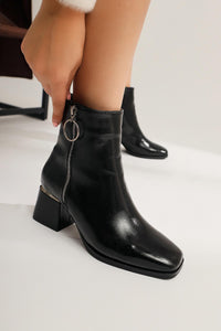 Deyana Black Crinkled Patent Leather Boot with Zipper Accessory