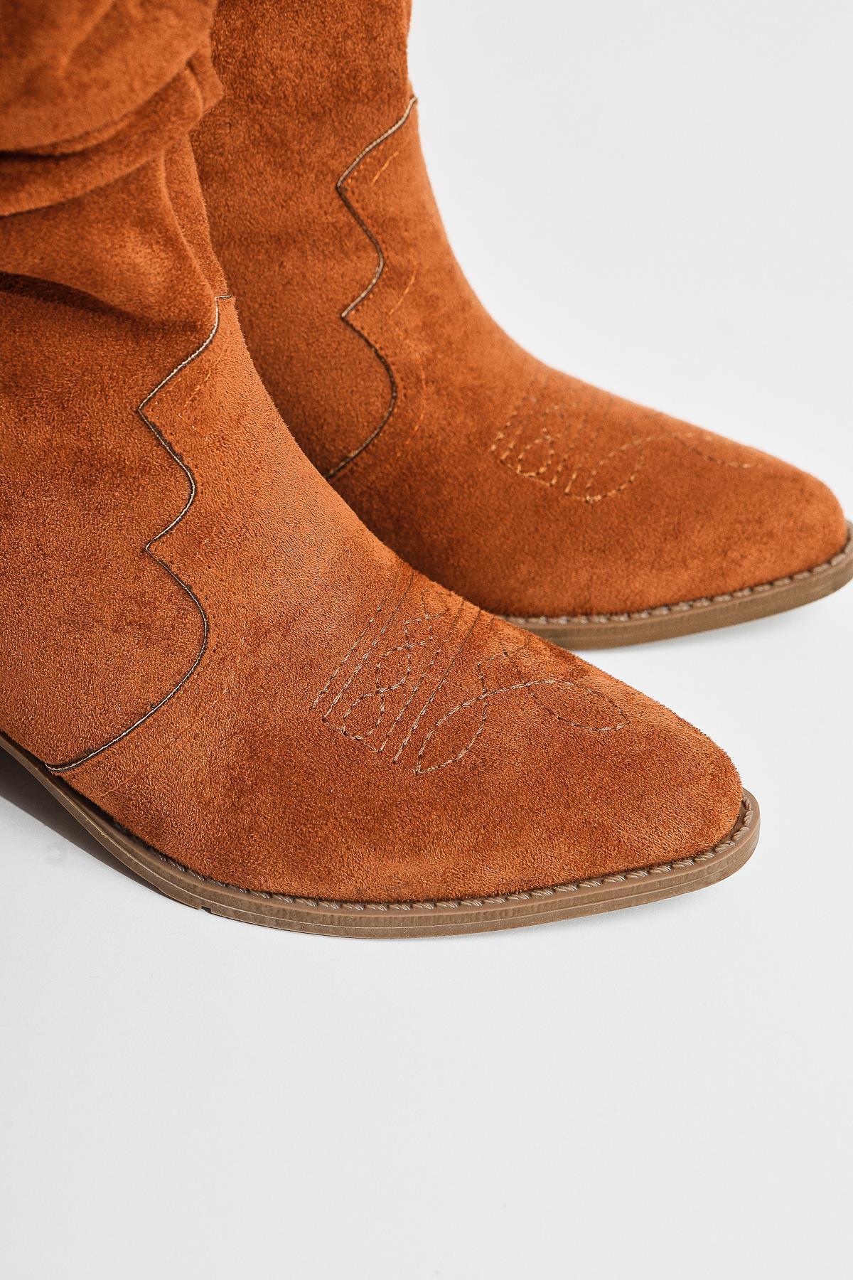 Lise-Britt – Cognac Suede Gusseted Embroidered Western Boot (Women)
