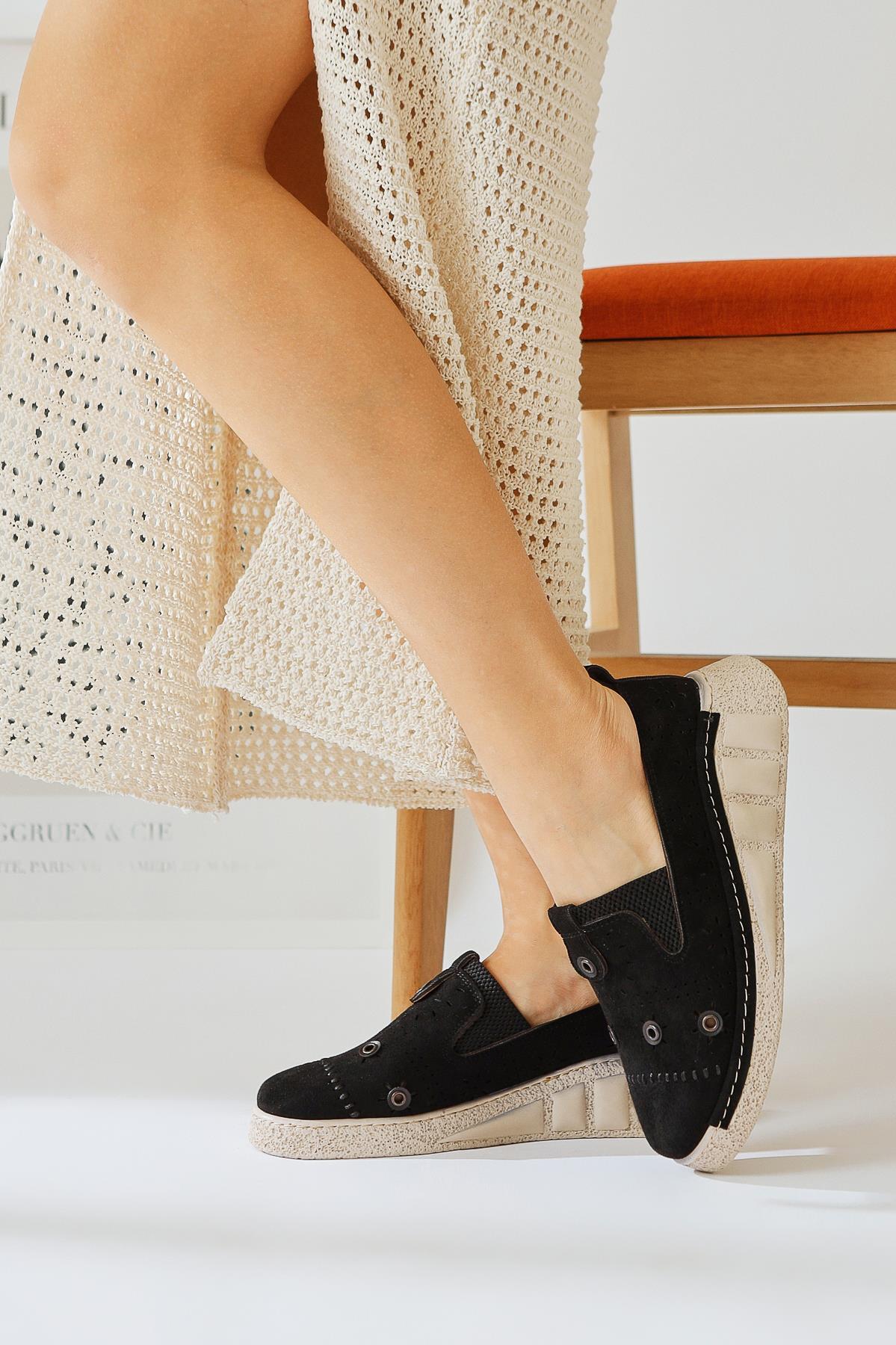Bethina Black Suede Flat with Rivet Details and Laser Cutouts