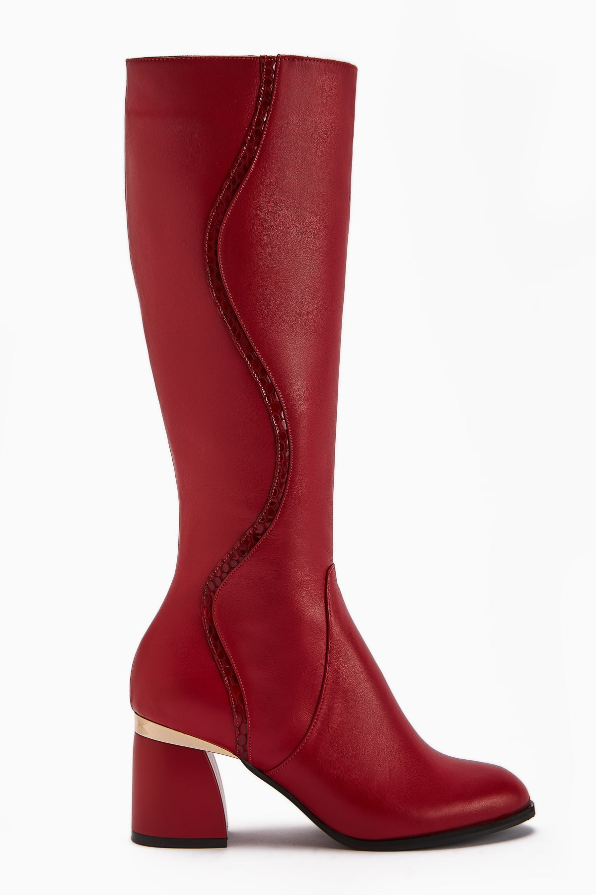 Kaylin – Genuine Leather Red Snake-Print Detail Heeled Knee-High Boot (Women)
