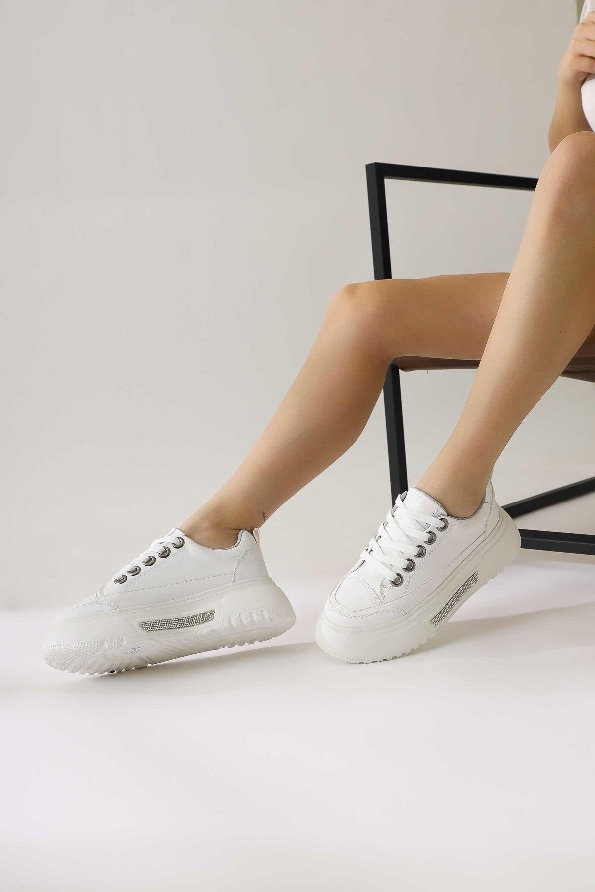 Rosella White Thick Soled Lace-Up Sneakers with Stone Detail