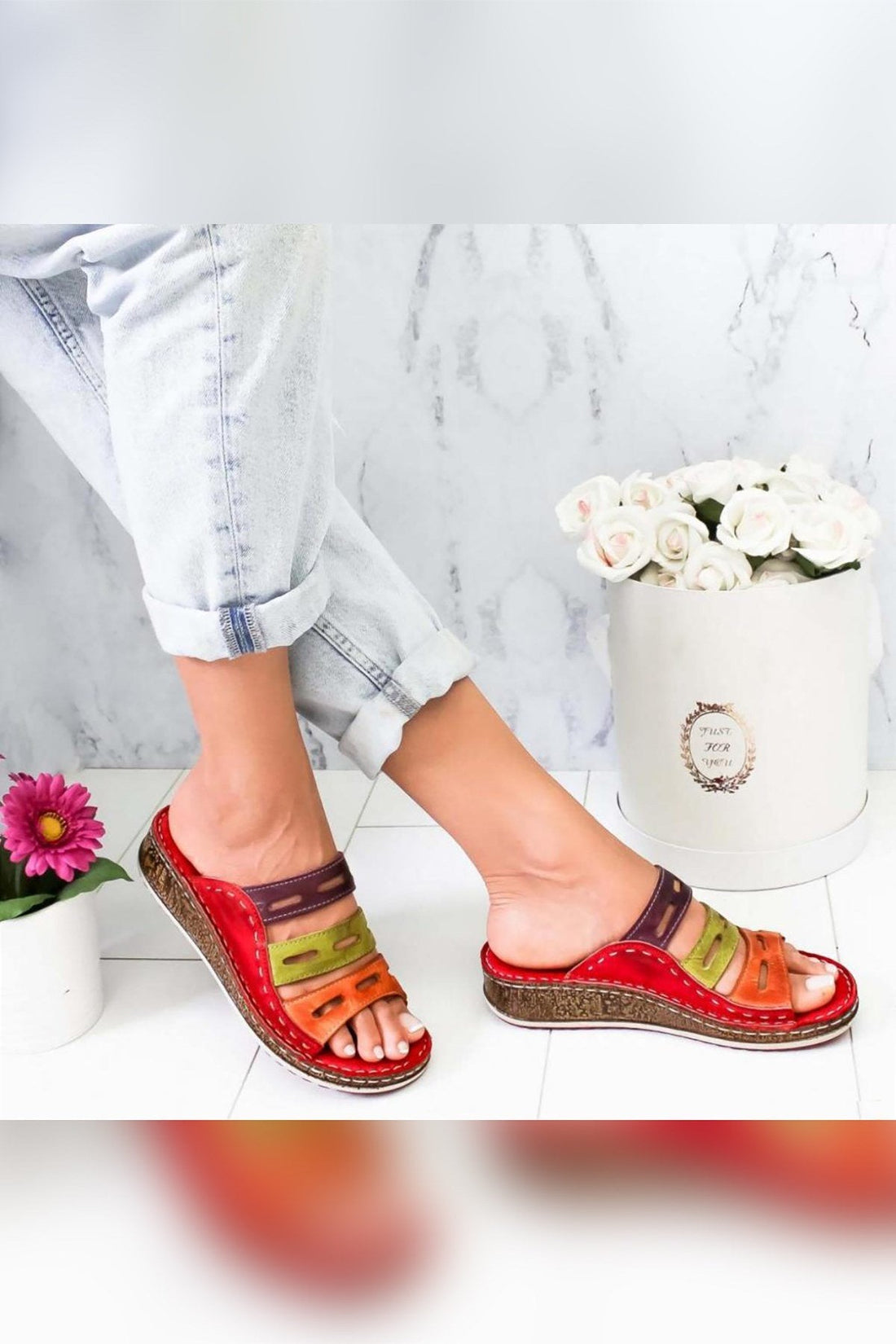 Joelle Genuine Leather – Red Purple Orange Green Beige Laser-Cut Slide (Women)