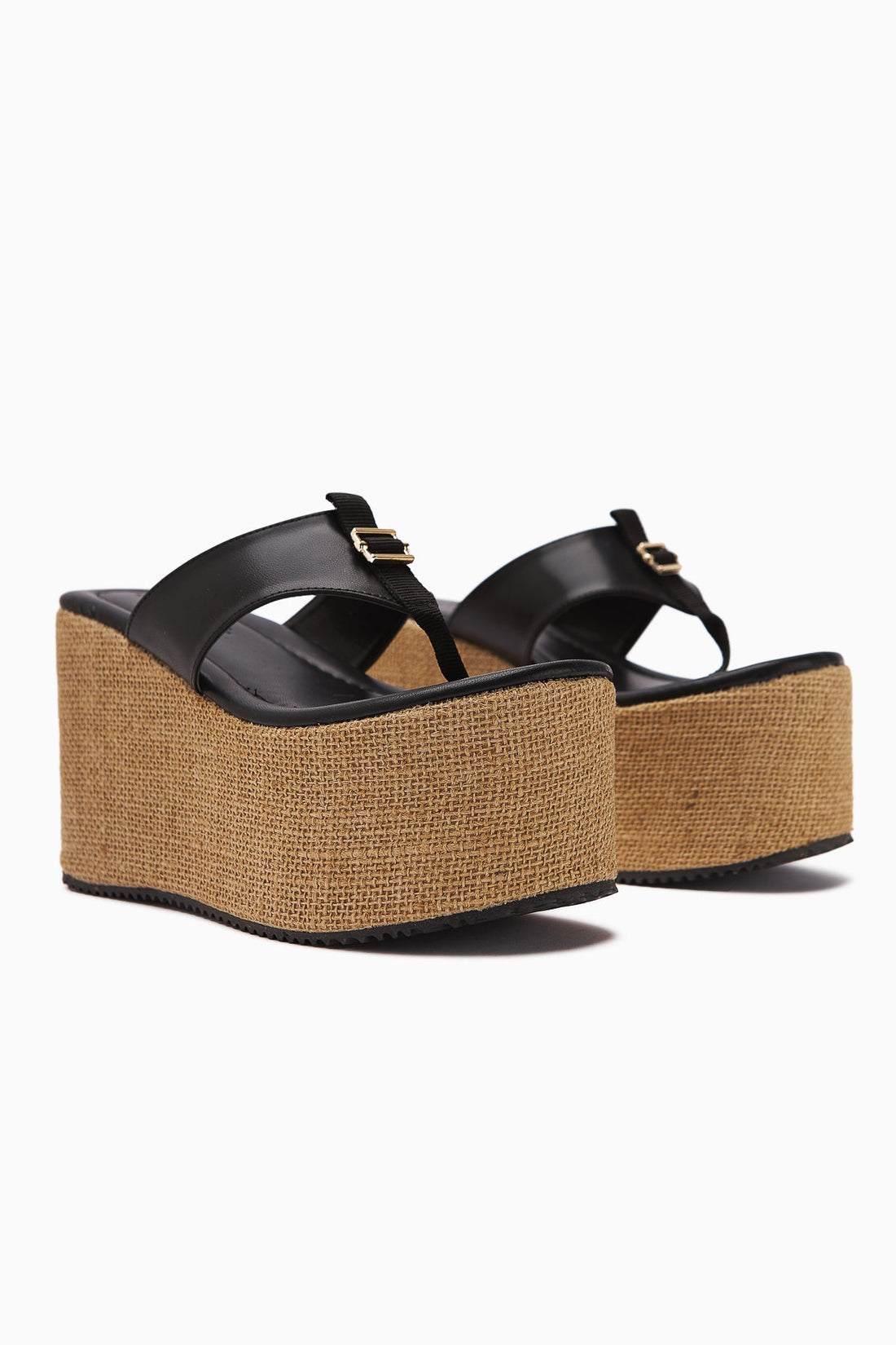 Tania Black Toe-Post Straw-Soled Wedge Women's Slippers