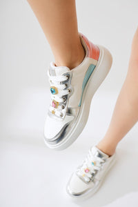 Deena White Thick-Soled Sneakers with Stone Detail