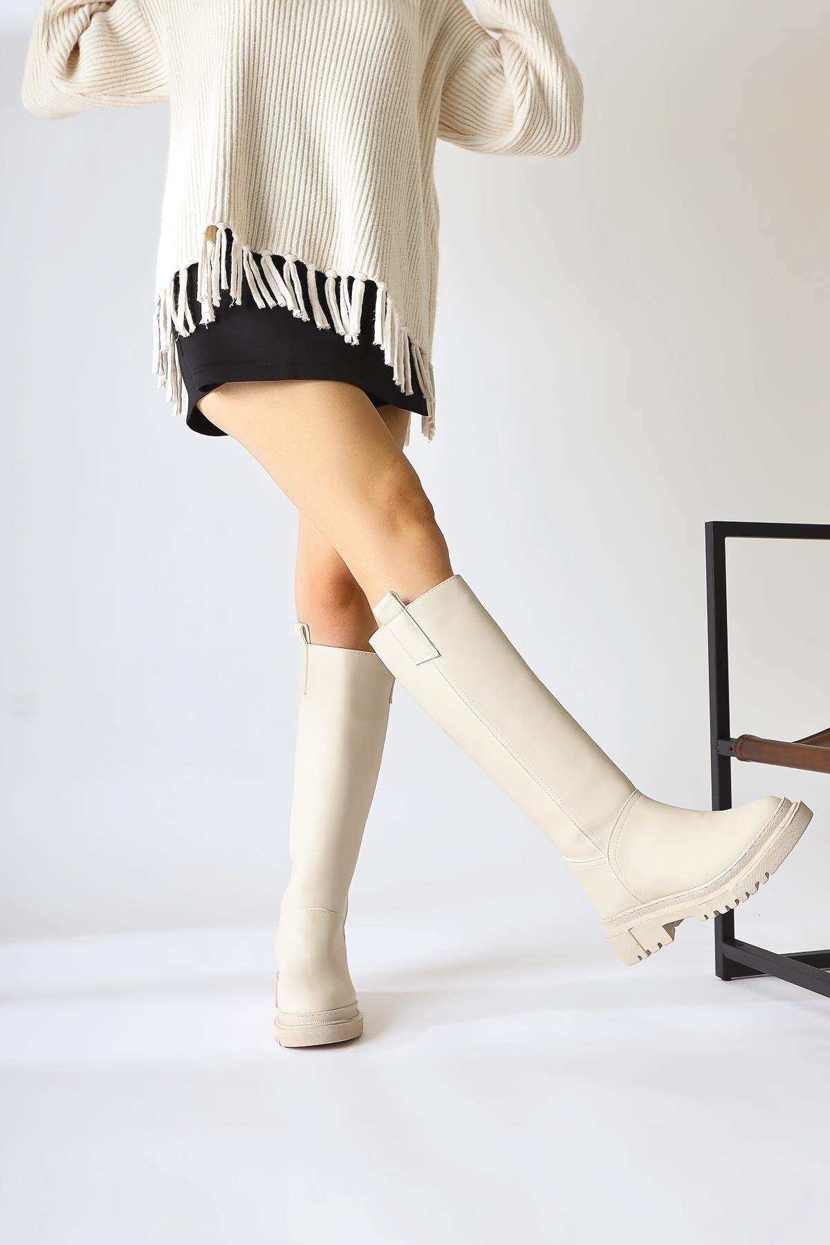 Dayna Beige Thick Soled Pull-On Boots