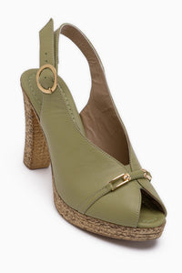 Bernis Genuine Leather Green Buckled Platform Heeled Shoes Women’s