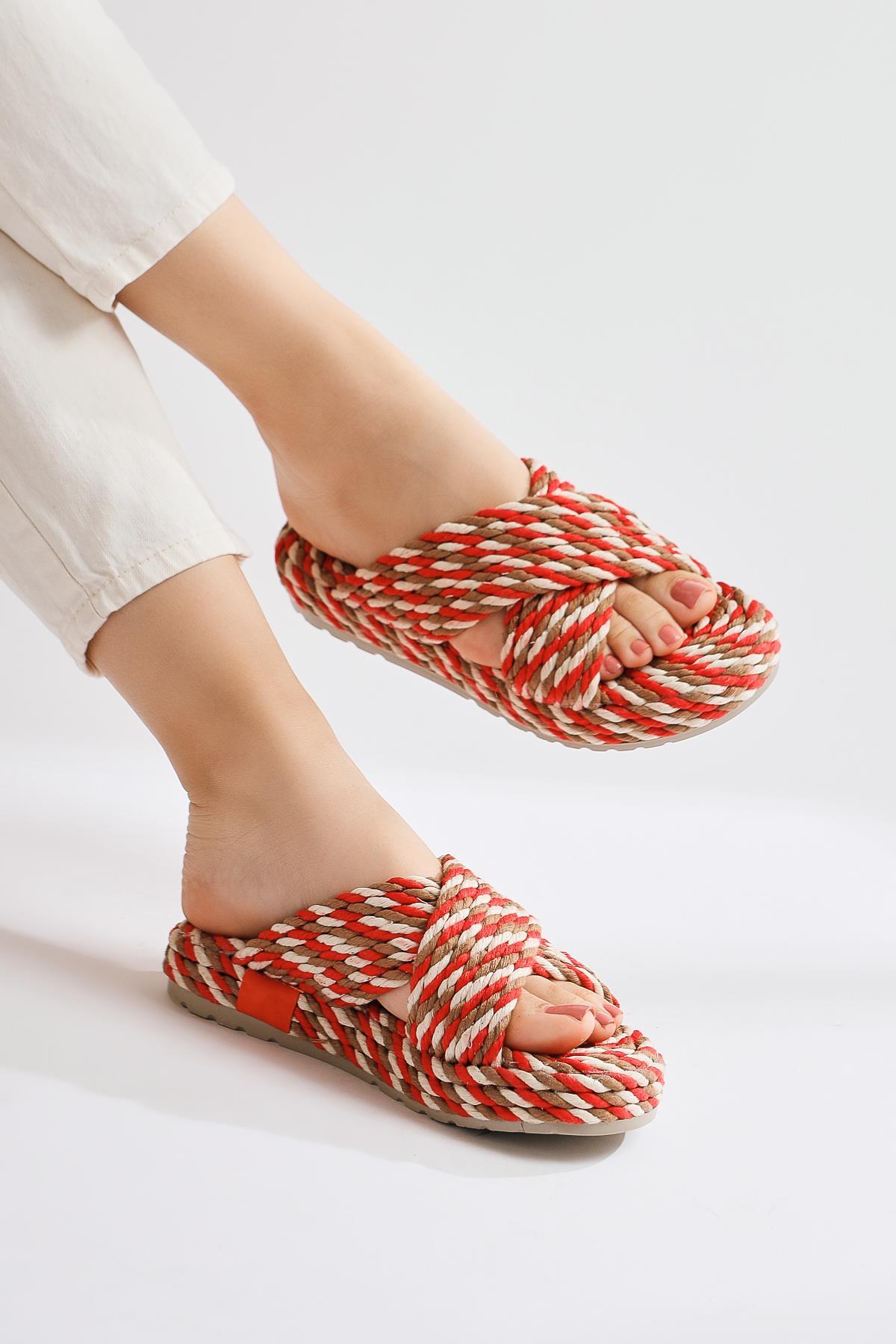 Leiya Red Cross-Strap Rope Slippers