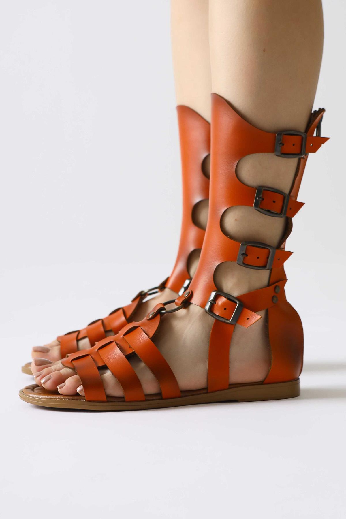 Baisa Genuine Leather Flat Sandals in Orange with Buckle Detail