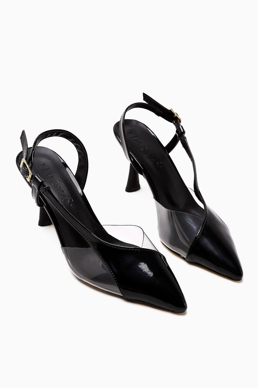 Aliah Black Patent Leather Pointed Toe Pumps with Transparent Detail