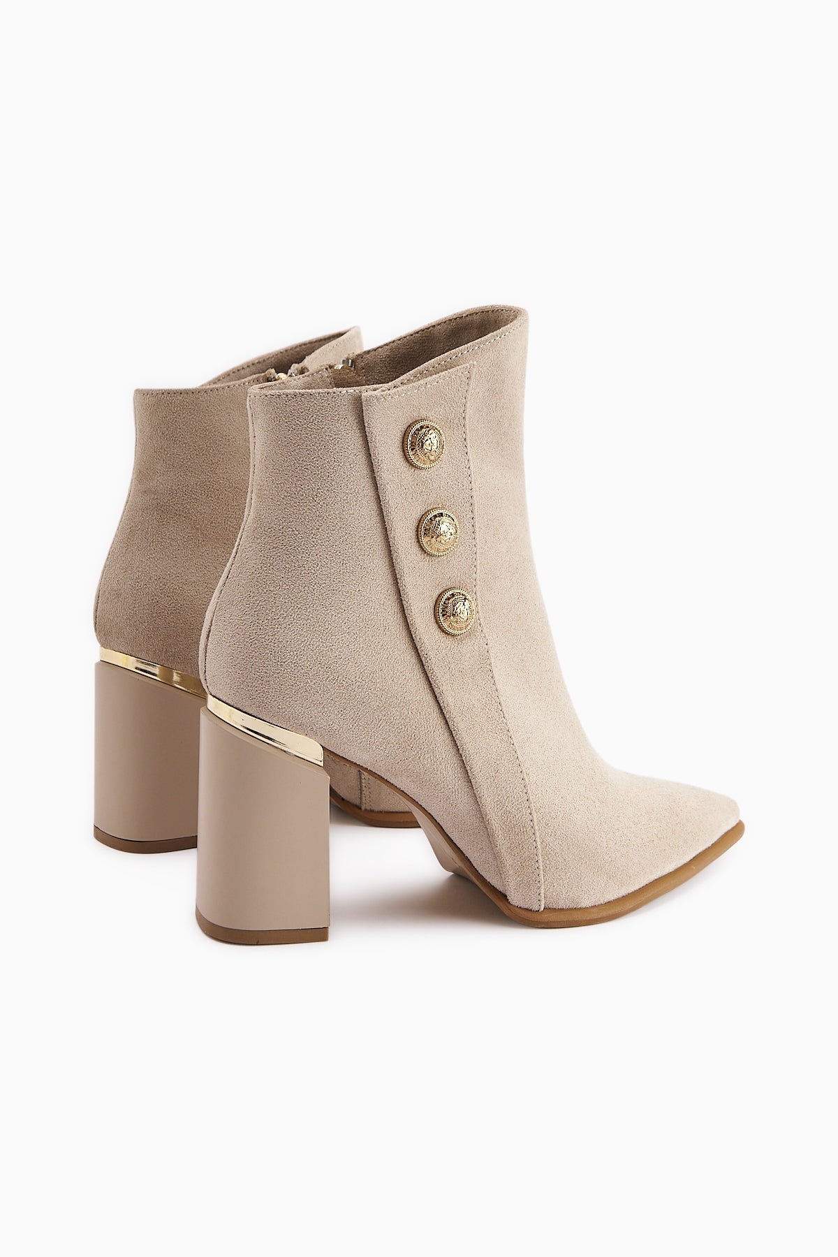 Mayvi Beige Suede Buckle Detailed Heeled Women's Boot