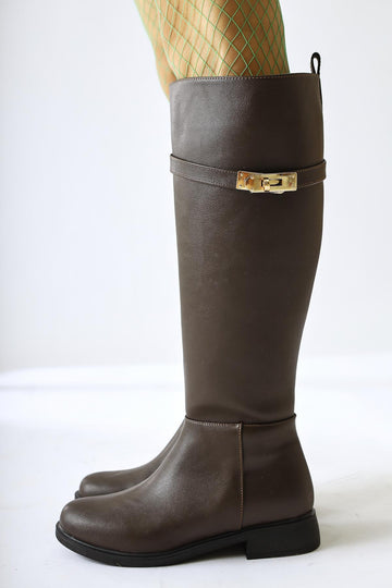 Kanako Coffee Accessorized Zippered Short Heeled Boot