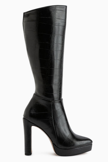 Ariya Siyah Kroko Platform Topuklu Fermuarlı Kadın Çizme