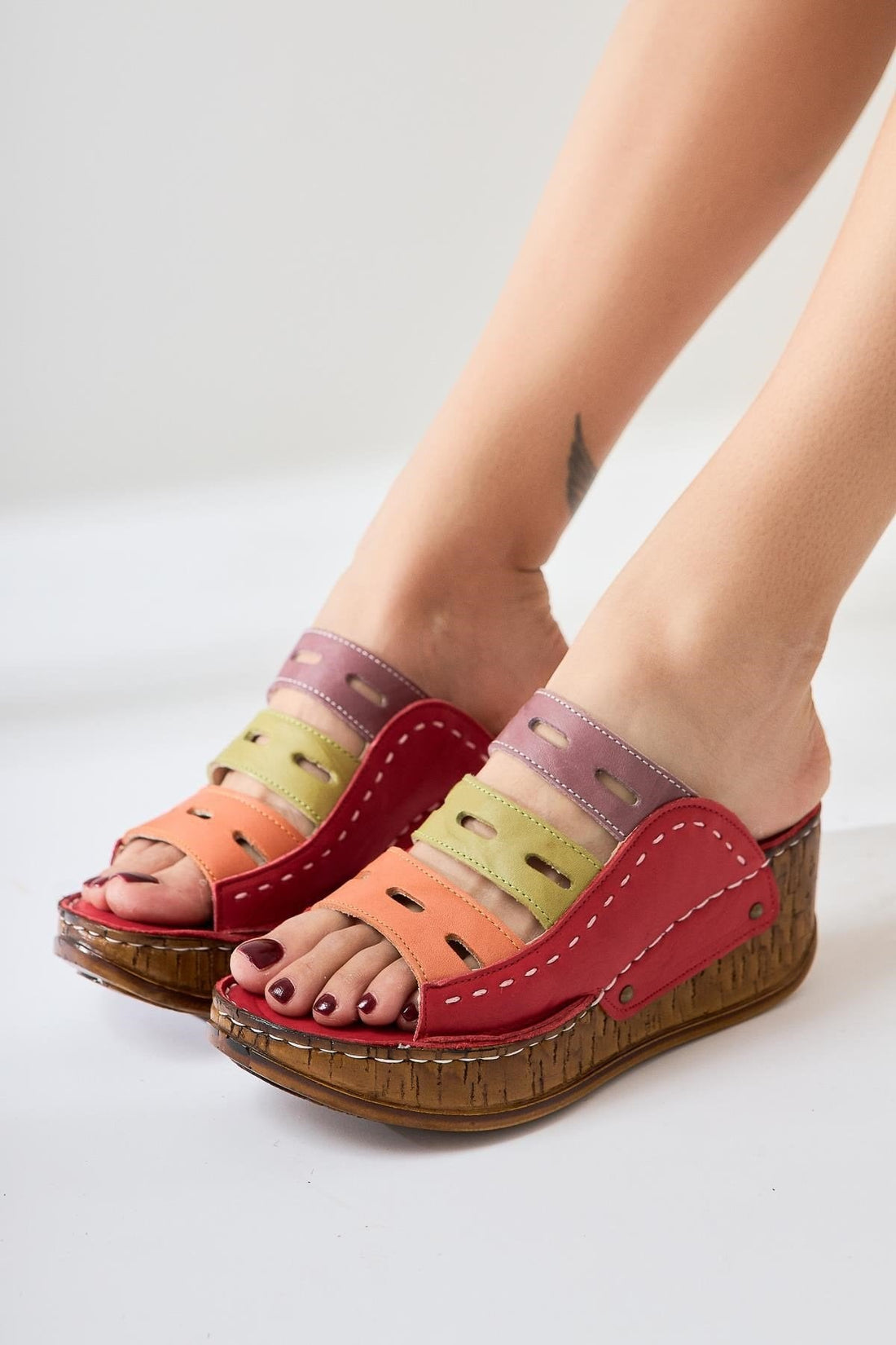 Etta – Genuine Leather Red Orange Green Purple Laser-Cut Slide (Women)