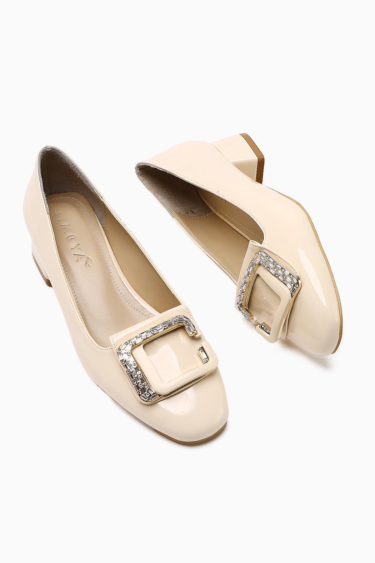 Roza – Beige Patent Stone-Embellished Low Heel Shoe (Women)
