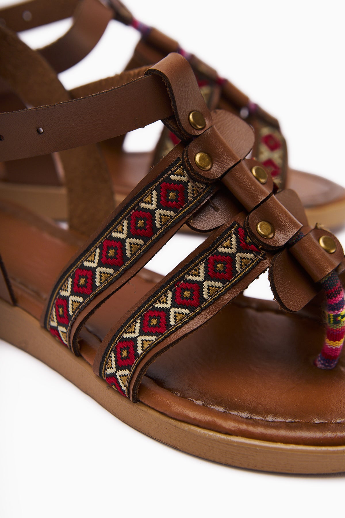 Genuine Leather Heam Tan Ethnic Patterned Women’s Sandal