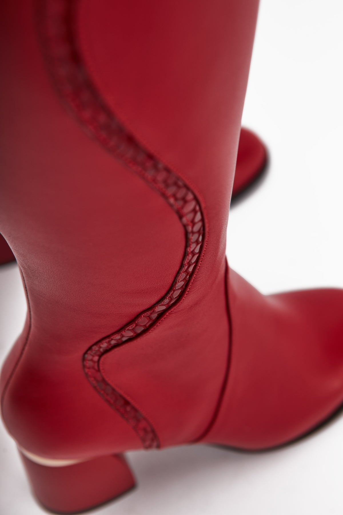 Kaylin – Genuine Leather Red Snake-Print Detail Heeled Knee-High Boot (Women)