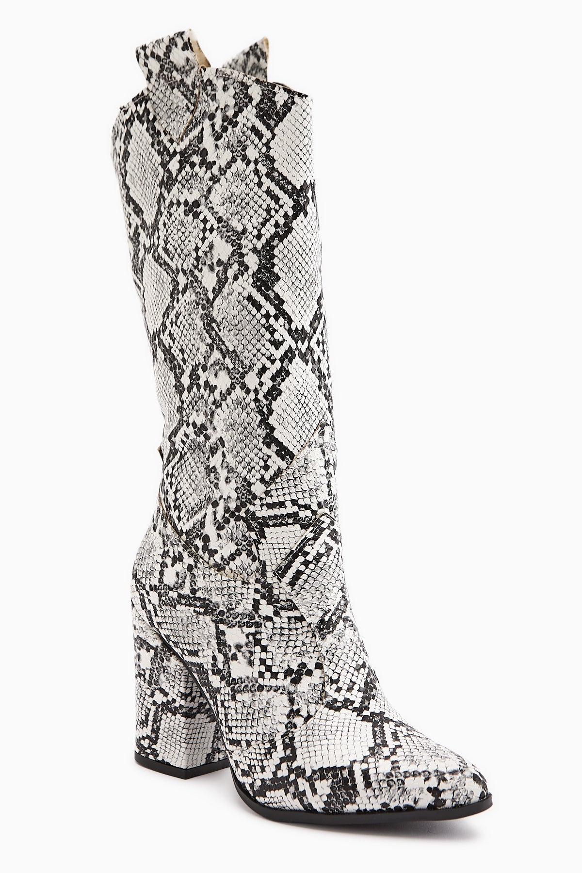 Keri White Snake Pattern Asymmetrical Cut Women’s Short Boots
