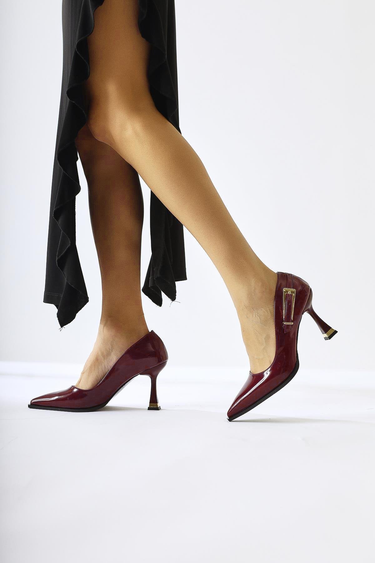 Mithra Burgundy Patent Pointed Toe Buckle Detailed Women’s Heeled Shoes