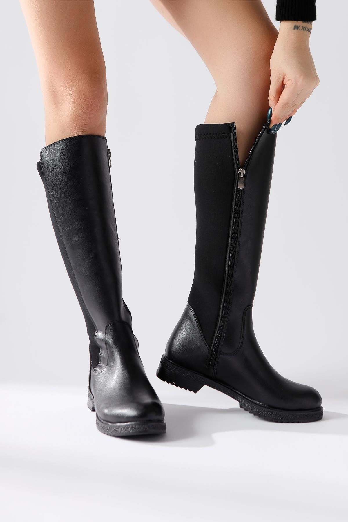 Benedikta – Black Oval-Toe Neoprene Fabric-Detail Knee-High Boot (Women)