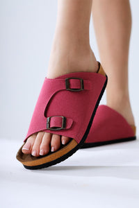 Christella Fuchsia Suede Slippers with Double Buckle Details