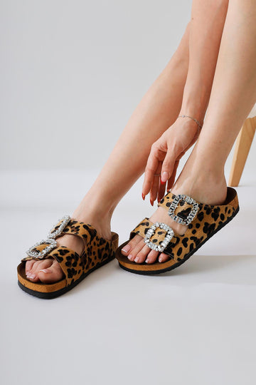 Brisa Leopard Double Strap Slide with Gemstone and Buckle Detail