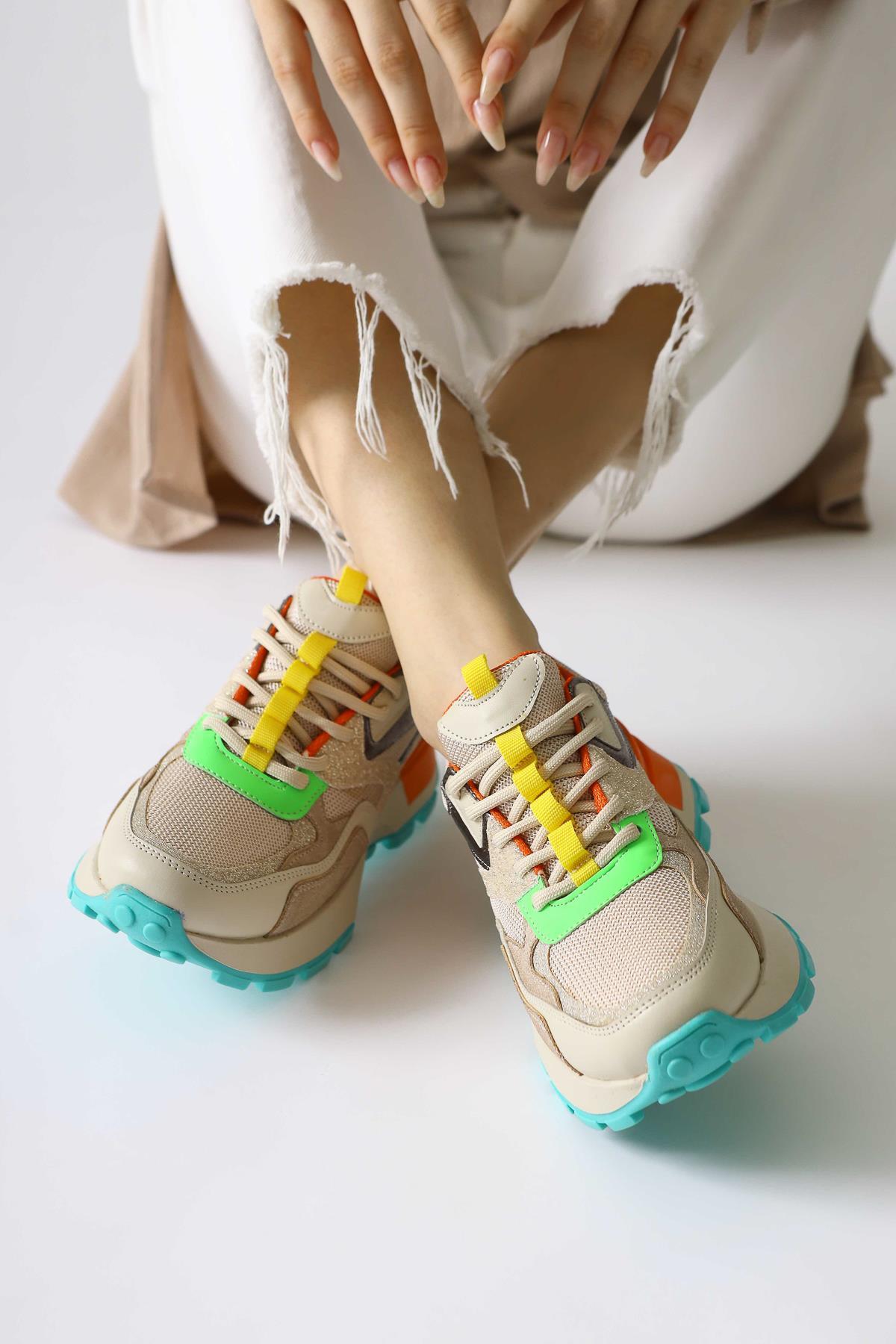 Netta Multi-Colored (Orange) Lace-Up Sneakers with Mesh Detail