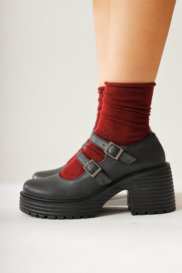 Roselie – Black Thick-Sole Heeled Double-Strap Everyday Shoes (Women)