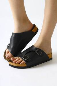 Christella Black Slippers with Double Buckle Detail