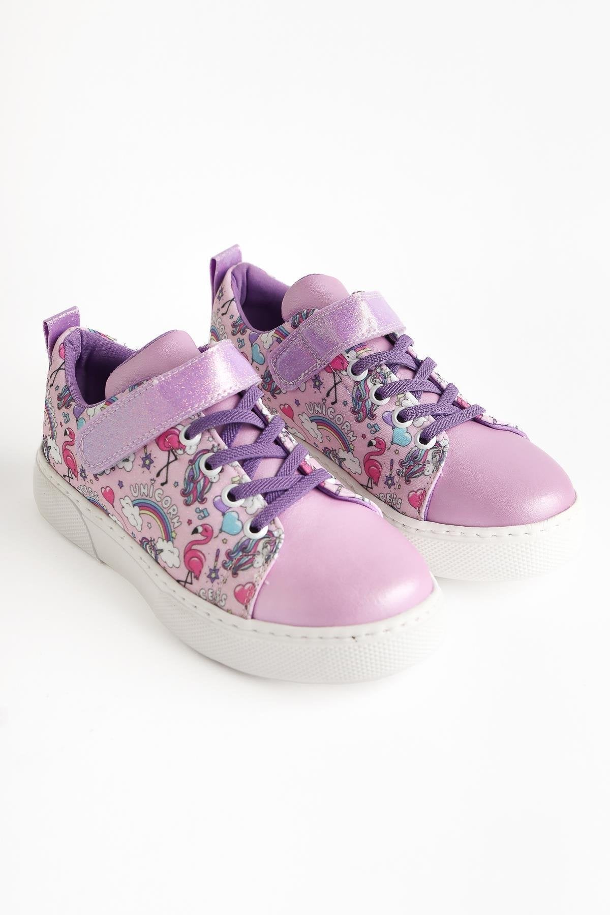 Hoodo Lilac Striped Character Print Lace-Up Sneaker with Velcro Detail for Kids