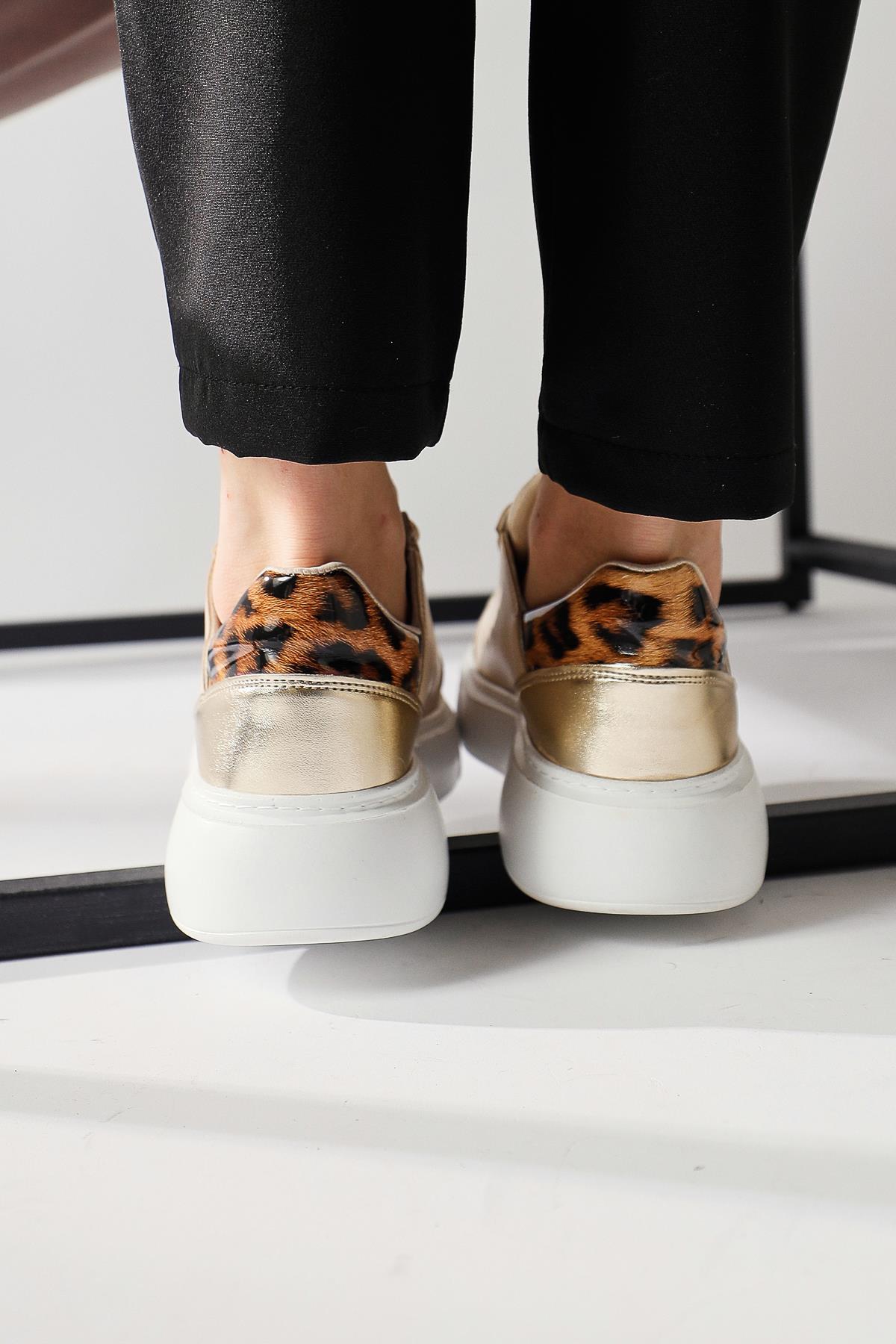 Tinka Cream Thick Soled Sneakers with Leopard Detail