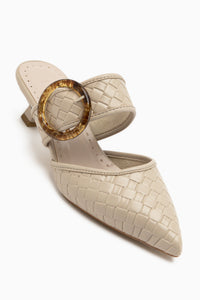 Meeri Beige Buckled Closed Toe Women’s Heeled Slippers