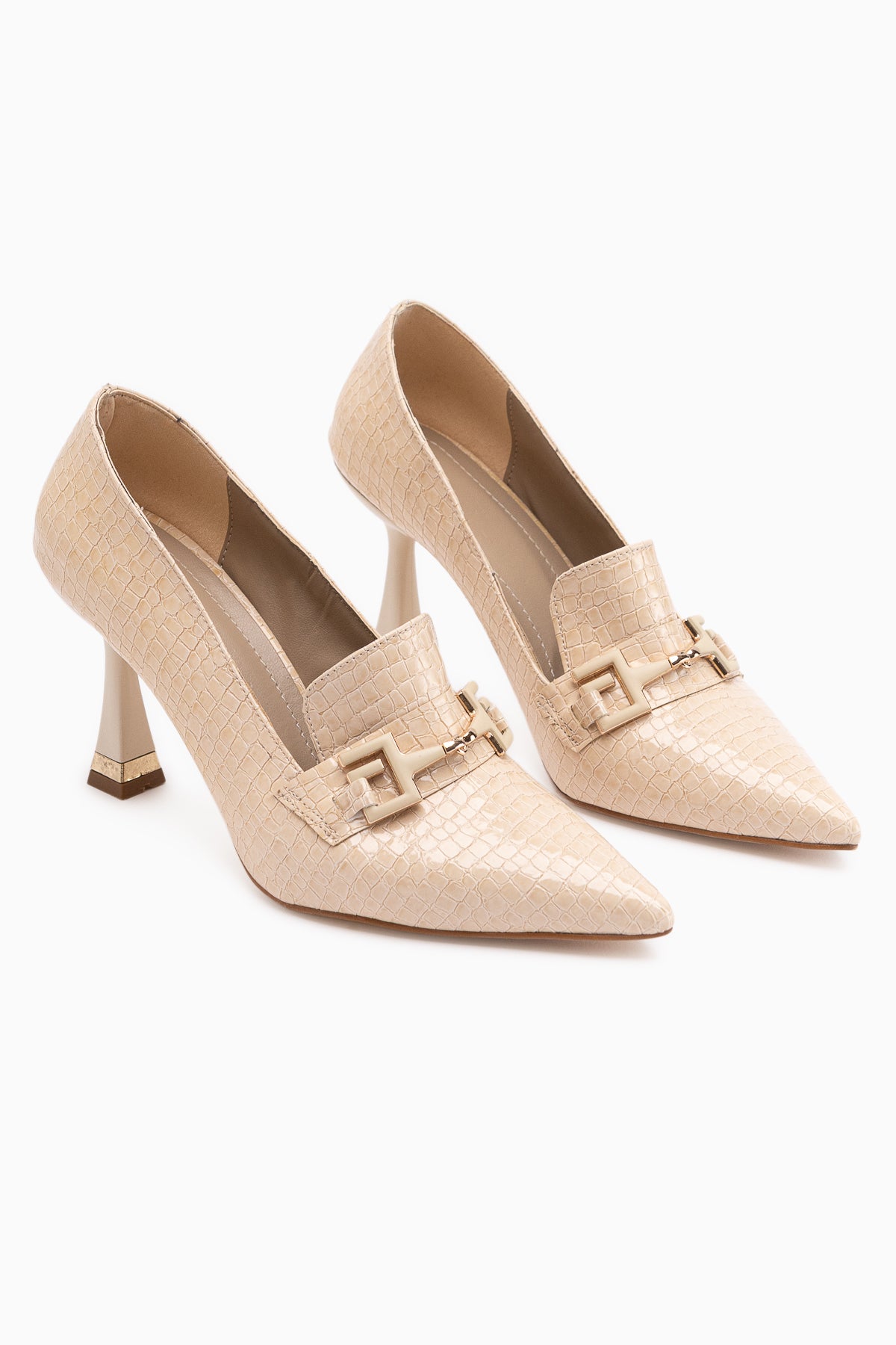Stiliani Beige Crocodile Print Leather Buckle Detailed Women’s Heeled Shoes
