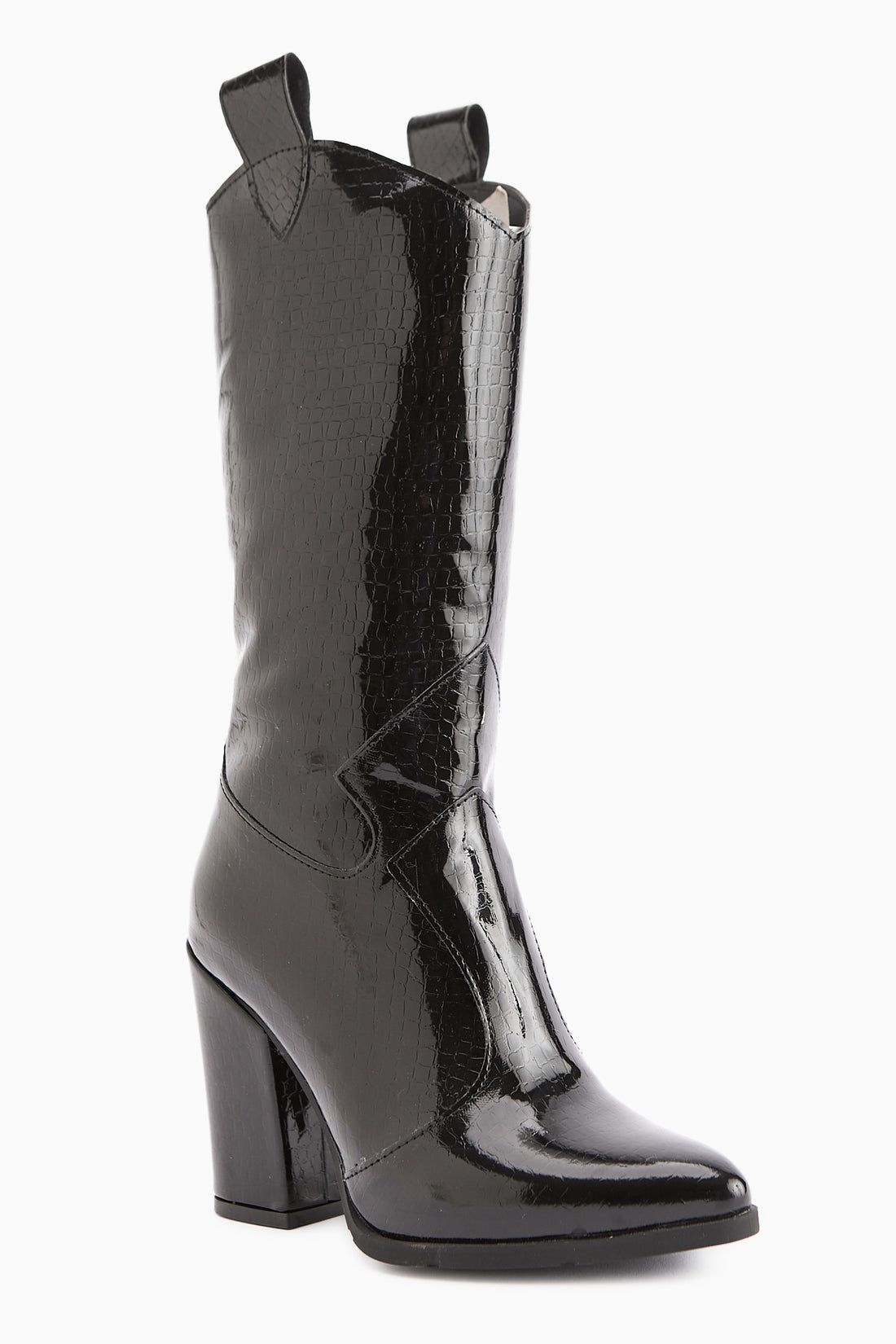 Keri Black Crocodile Asymmetrical Cut Women’s Short Heeled Boots