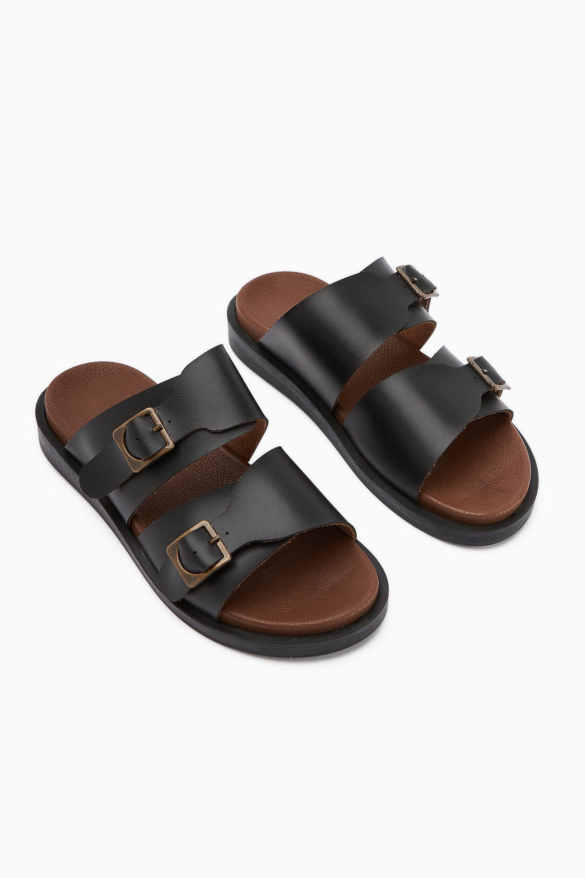 Soha – Black Leather-Look Double-Strap Flat Sole Slide (Women)