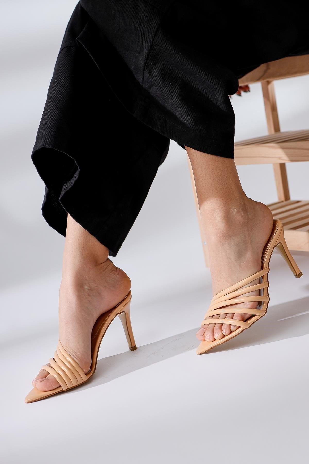 Margie Nude Asymmetric Strap Heeled Slippers