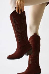 Fizaro Burgundy Pointed Toe with Embroidery and Stud Detail Western Boots